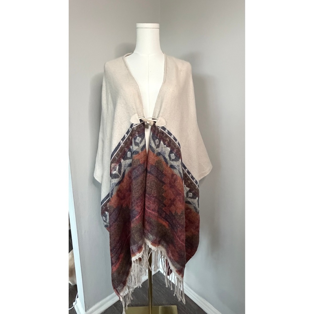 Rods Vintage Southwestern Blanket Poncho Toggle Fringe Boho Cream Rust S/M
